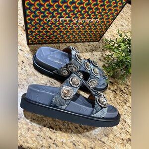Kurt Geiger Denim Orson Jewel Embellished Platform Slide Sandals 7.5